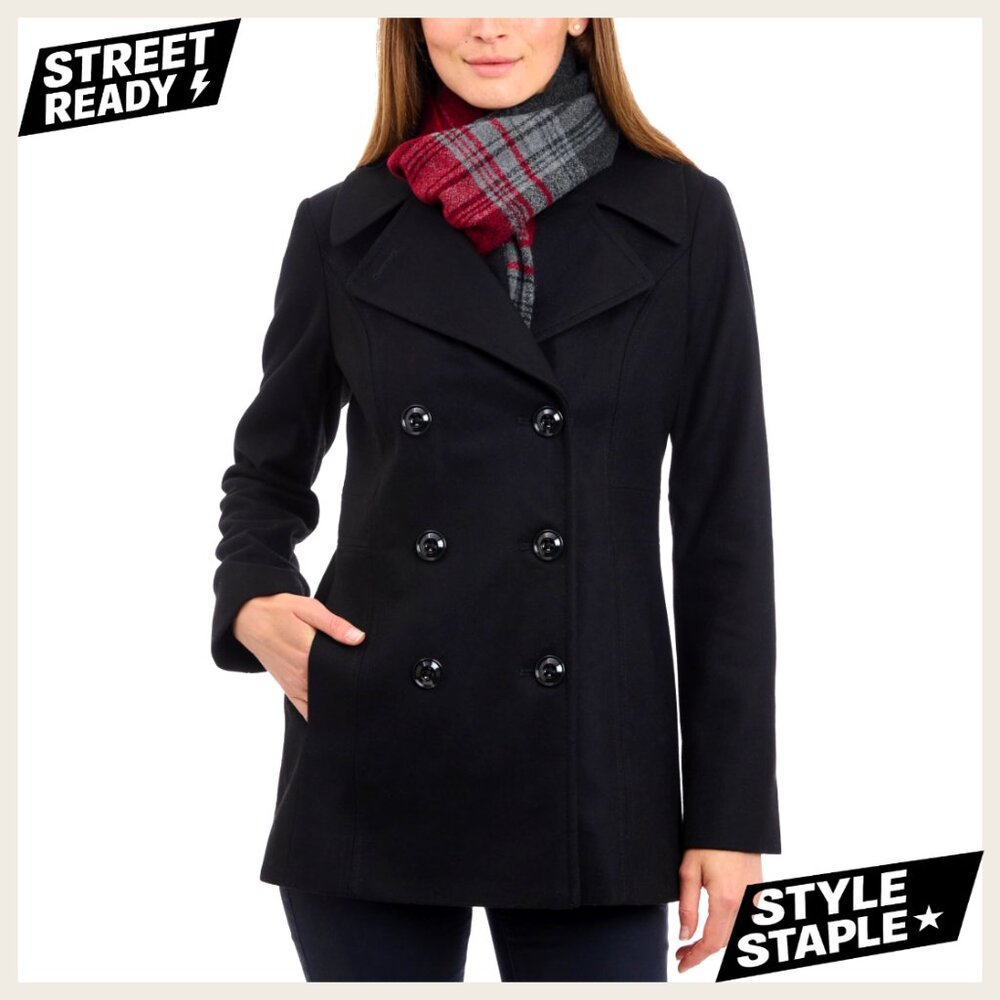 Double Breasted Peacoat with Scarf, Wool Blend, Long Sleeve, Formal Wear - Picture 1 of 6